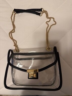Clear Crossbody Bag with Black Trim and Gold Chain - Stadium Approved!